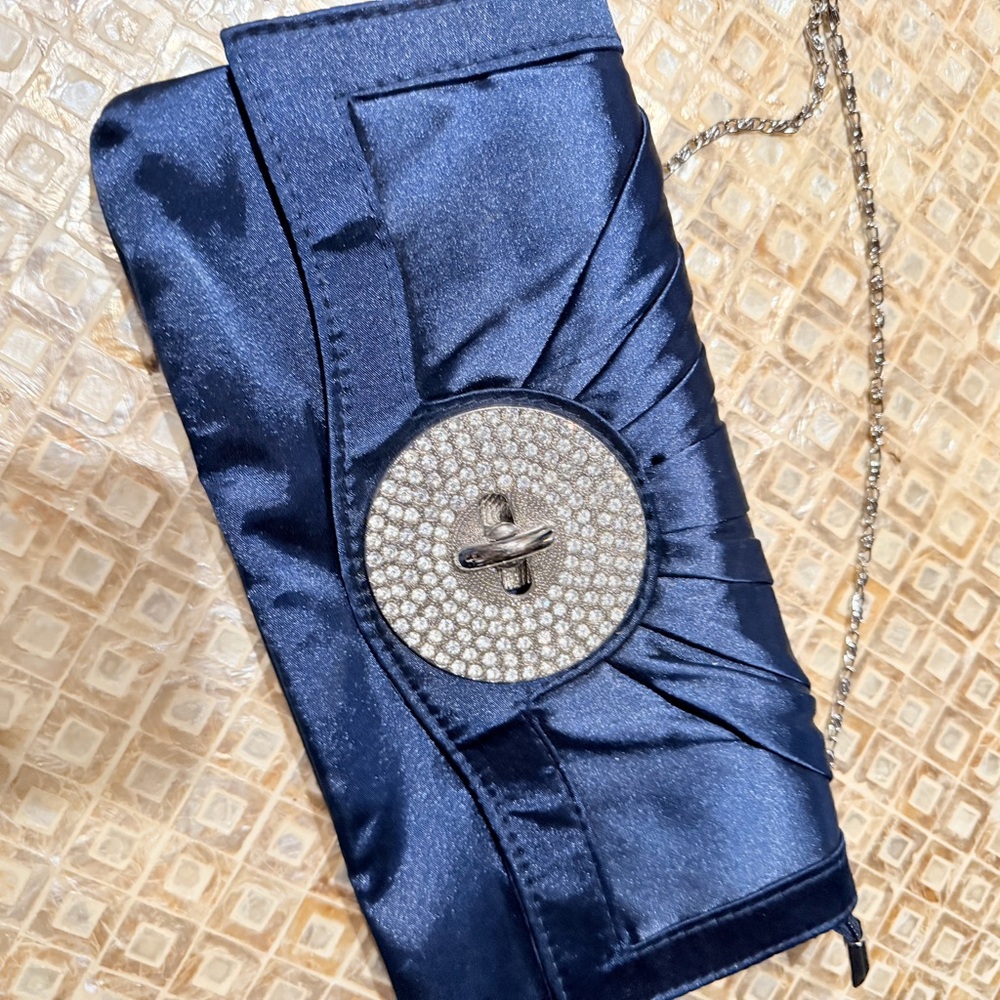 Navy Satin Evening Clutch with Crystal Turn-Lock Detail